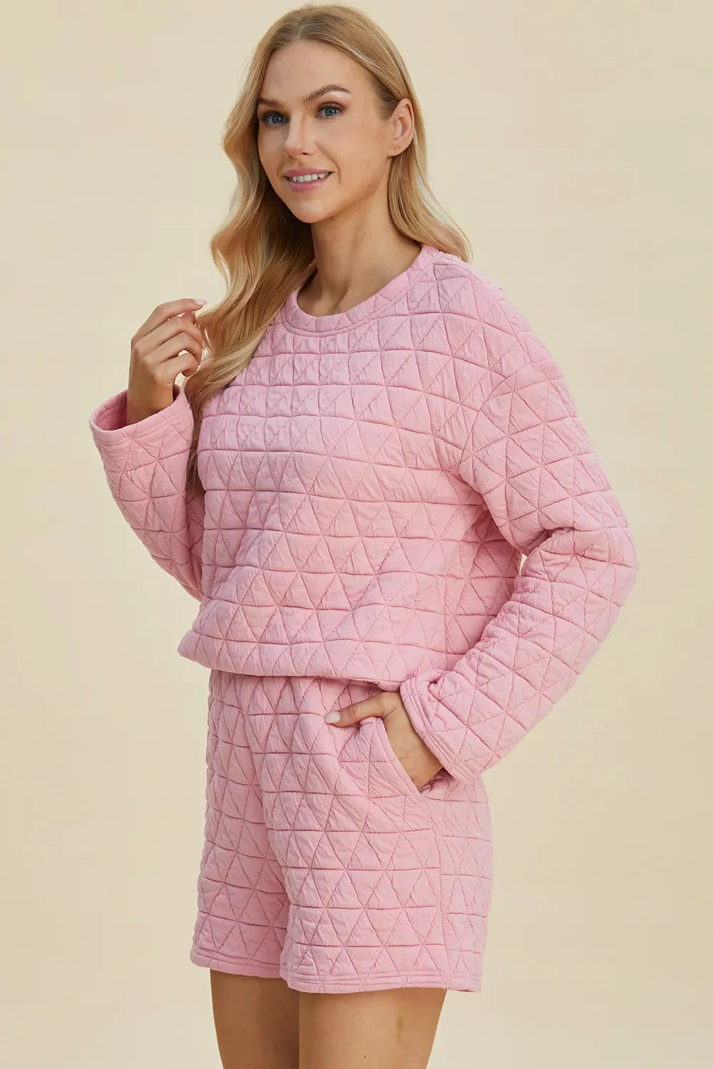 Double Take Full Size Texture Round Neck Long Sleeve Top and Shorts Set West2East Surf