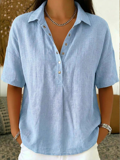 Short Sleeve Button Pullover Shirt – Solid Color Women’s Top FitiqueFit