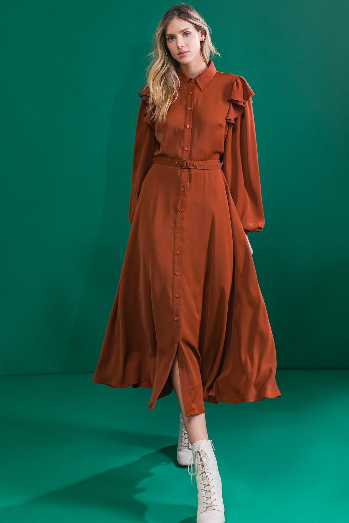 TIER ELEGANCE BROWN WOVEN MIDI DRESS Flying Tomato