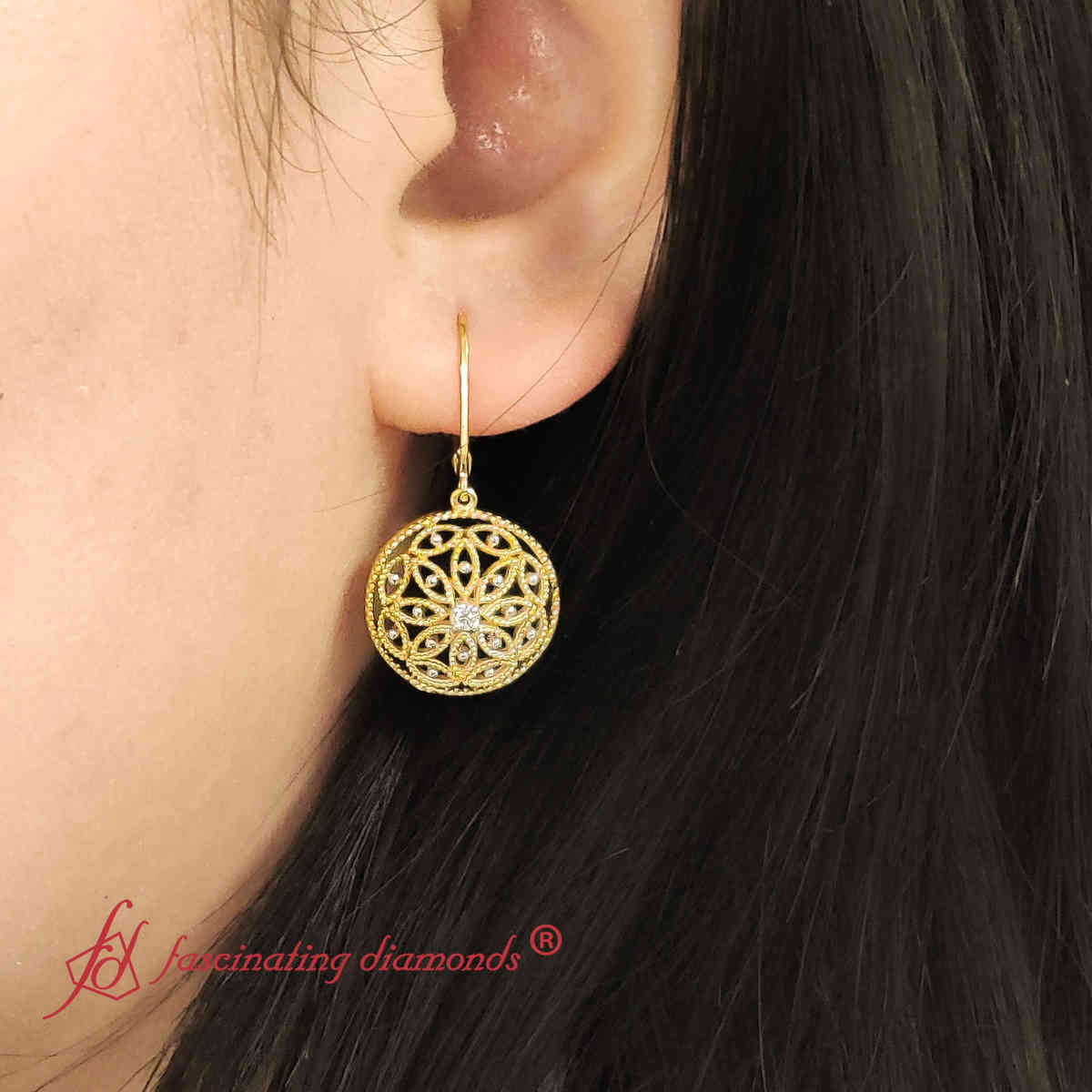 Filigree Circle Drop Lever Back Earring Fascinating Diamonds