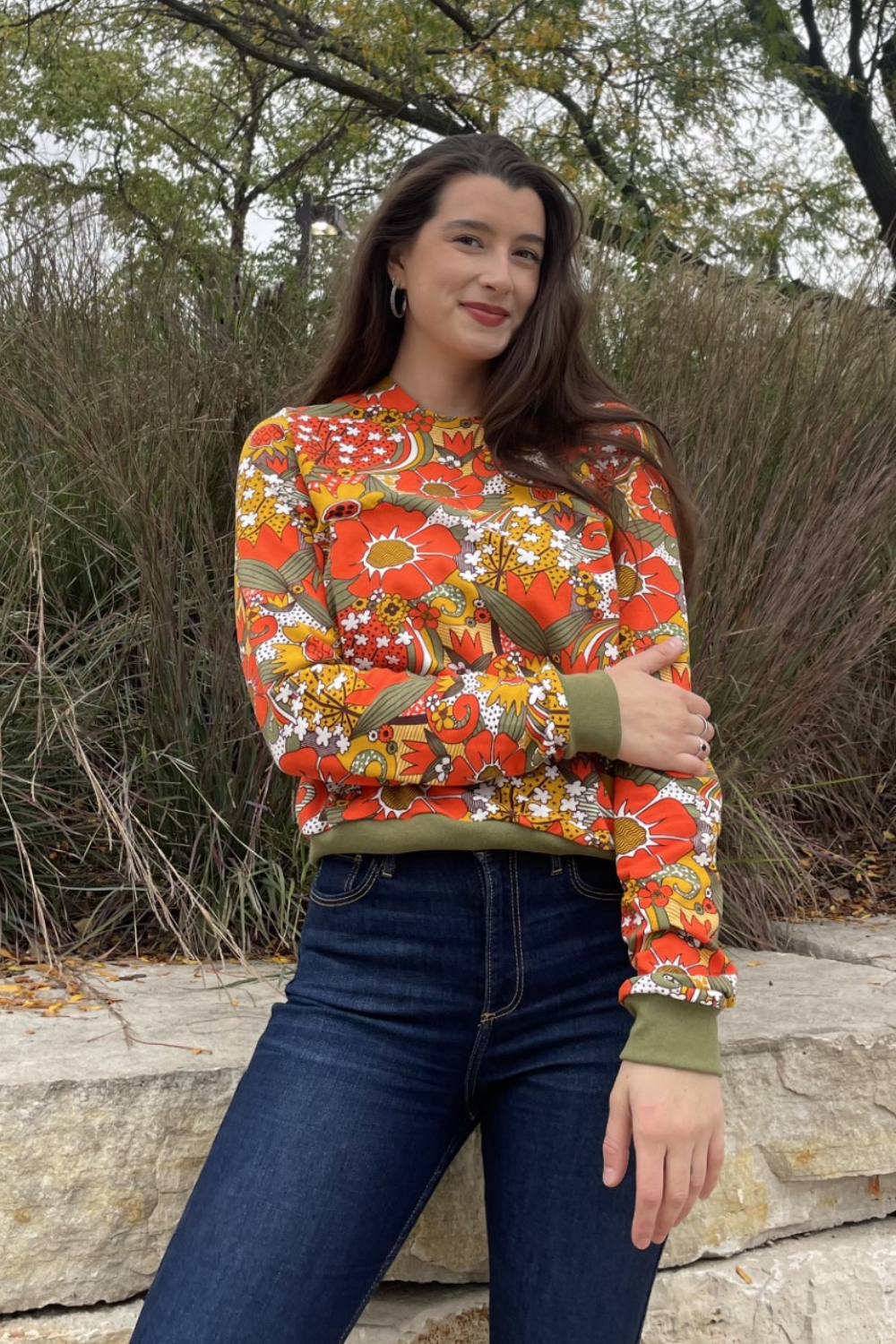 Groovy Floral Pullover in Olive & Orange Blue Platypus Clothing