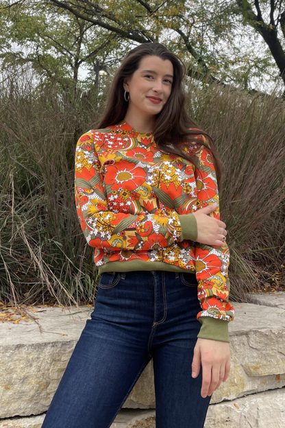 Groovy Floral Pullover in Olive & Orange Blue Platypus Clothing