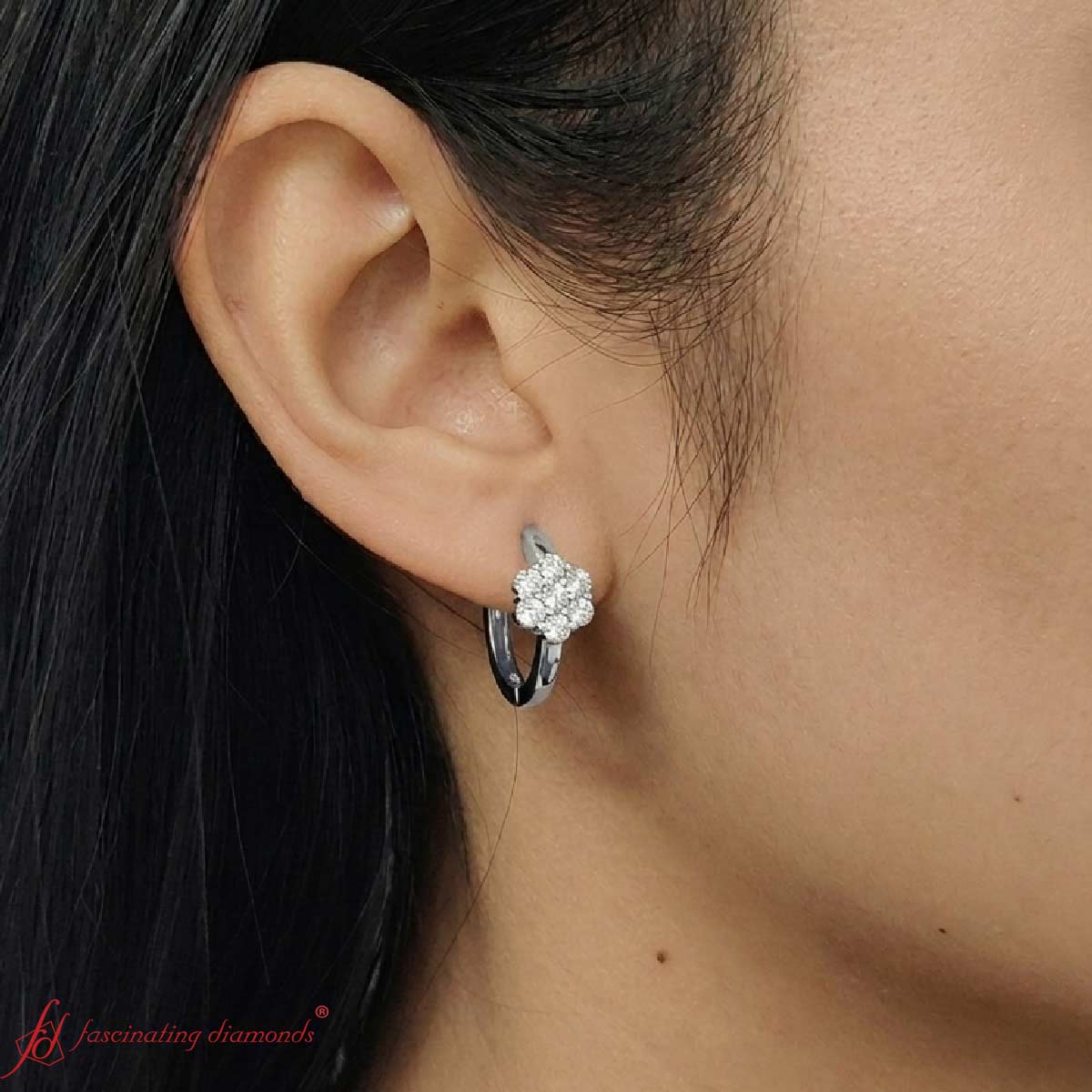 Flower Small 2 Tone Hoop Huggie Earrings Fascinating Diamonds