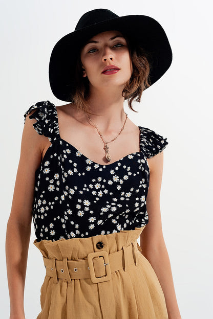 Frill strap cami top in black ditsy floral print Q2store