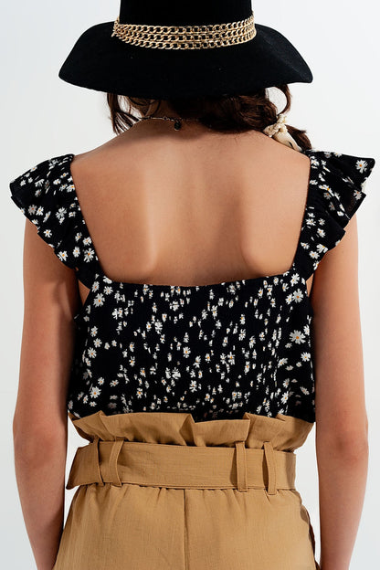 Frill strap cami top in black ditsy floral print Q2store