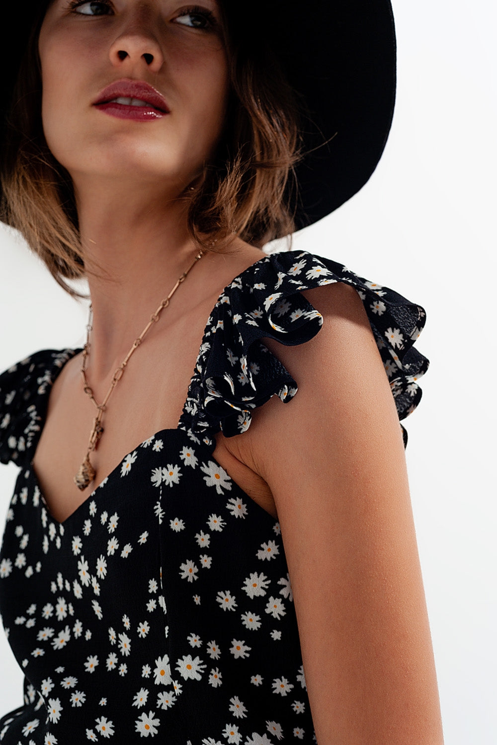 Frill strap cami top in black ditsy floral print Q2store