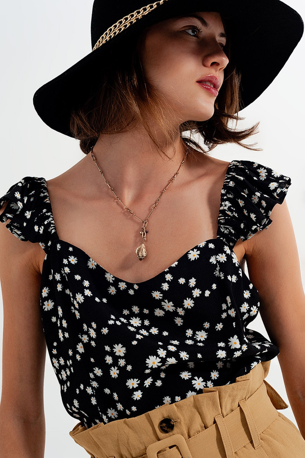 Frill strap cami top in black ditsy floral print Q2store