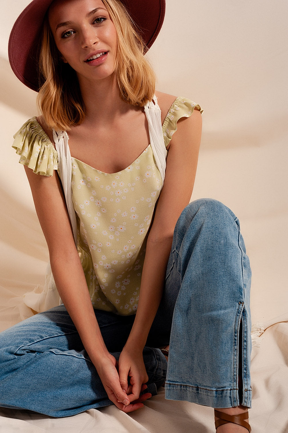 Frill strap cami top in green ditsy floral print Q2store