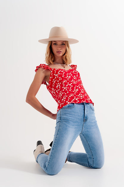 Frill strap cami top in red ditsy floral print Q2store