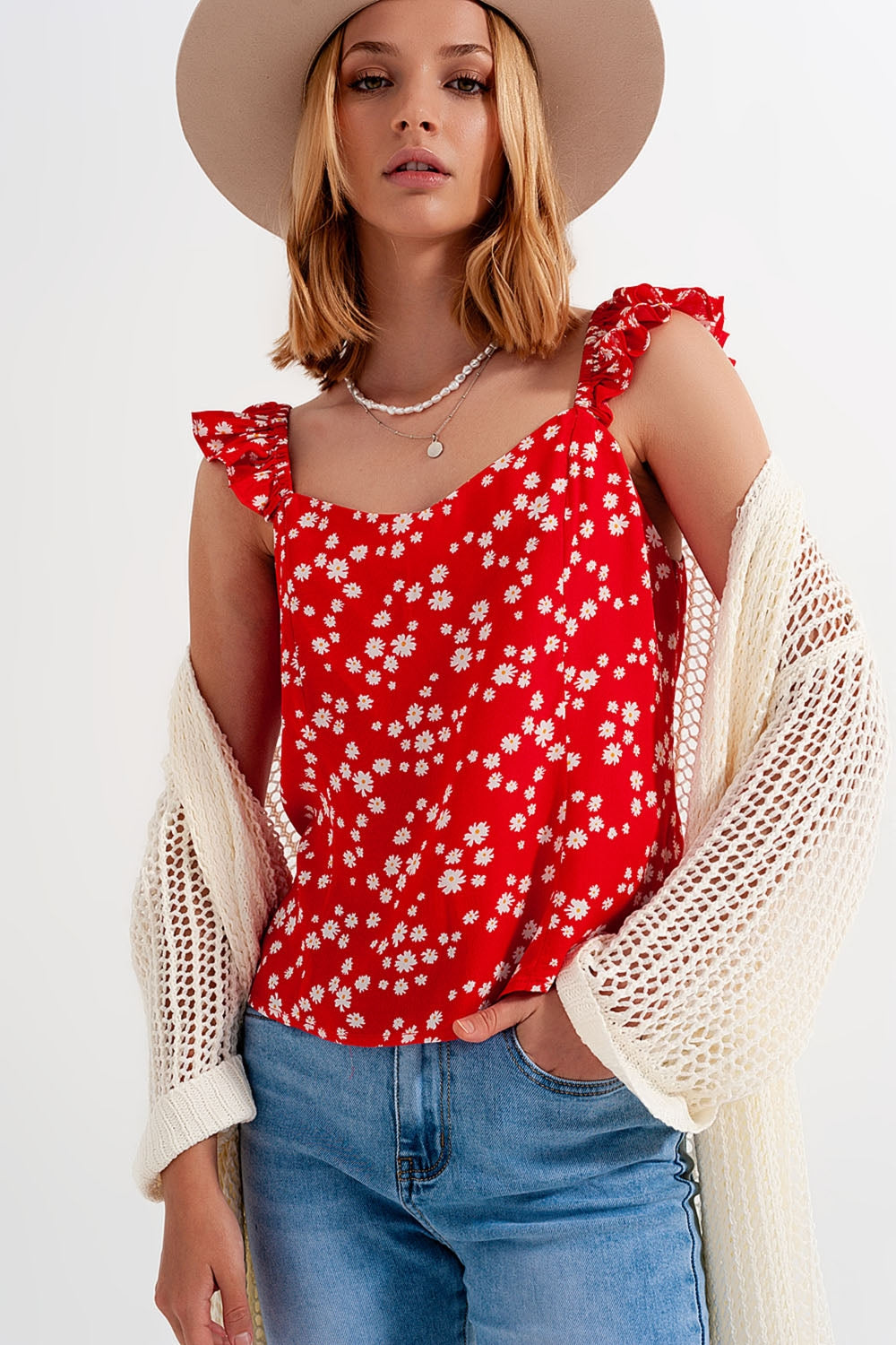 Frill strap cami top in red ditsy floral print Q2store