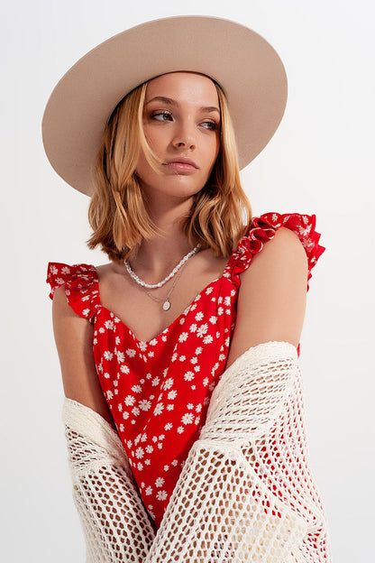 Frill strap cami top in red ditsy floral print Q2store