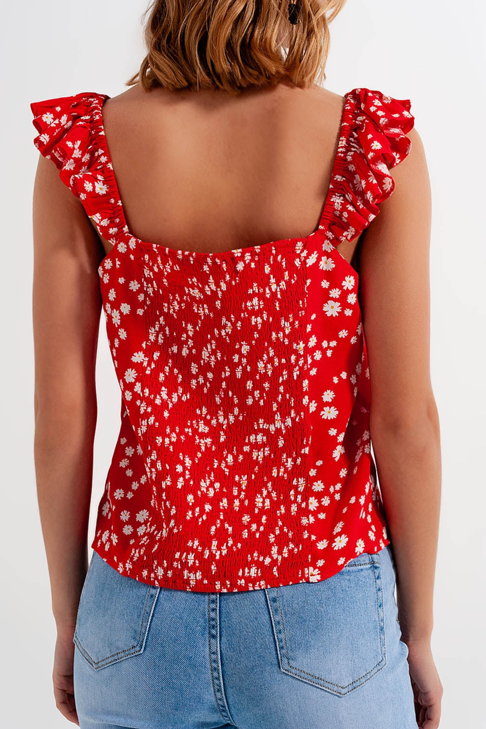 Frill strap cami top in red ditsy floral print Q2store