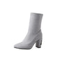 Embroidered Gray Ankle Boots with Chunky Heels for Women