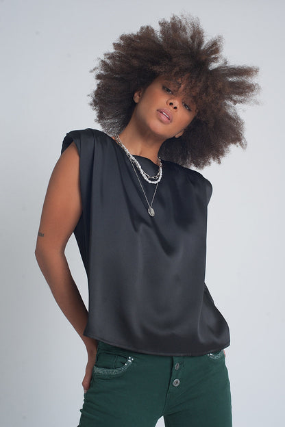 Gathered satin shoulder pad sleeveless top in black Q2store