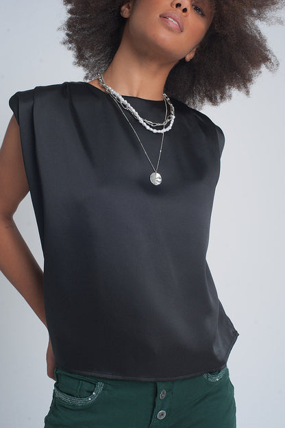 Gathered satin shoulder pad sleeveless top in black Q2store