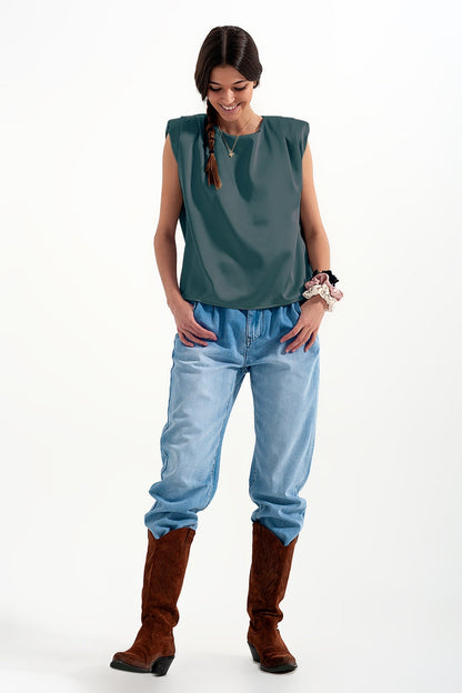 Gathered satin shoulder pad sleeveless top in green Q2store