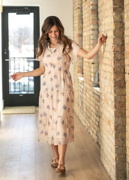 Gina Pink Floral Short Sleeve Tiered Midi Dress