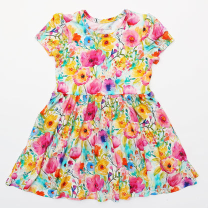 Golden Blooms - Girls Short Sleeve Bamboo Twirl Dress Charlies Project Kids