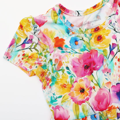 Golden Blooms - Girls Short Sleeve Bamboo Twirl Dress Charlies Project Kids