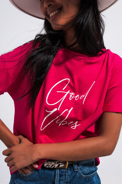 Good Vibes slogan tee in fuchsia Q2store