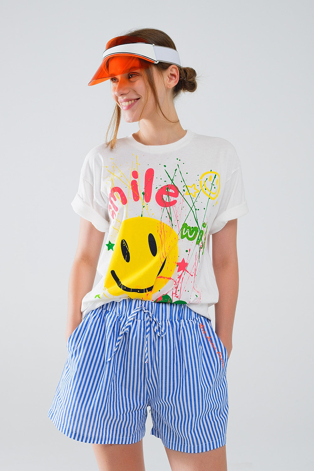 Graphic Smile with me Text T-Shirt in White Q2store