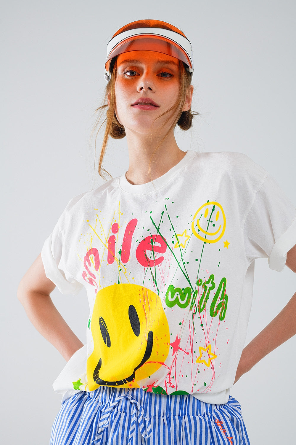 Graphic Smile with me Text T-Shirt in White Q2store