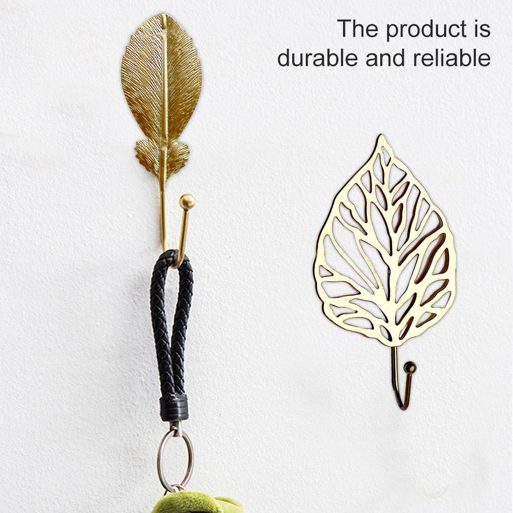 Green Gold Single Leaf Hanging Coat Hook Mini Wall Key Hook Home Decoration Modern Home Hanger Leaf Shape Coat Hooks Wall Mounted Hooks Stevvex