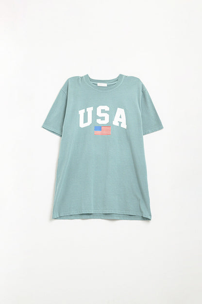 Green loose long t-shirt with USA logo Q2store