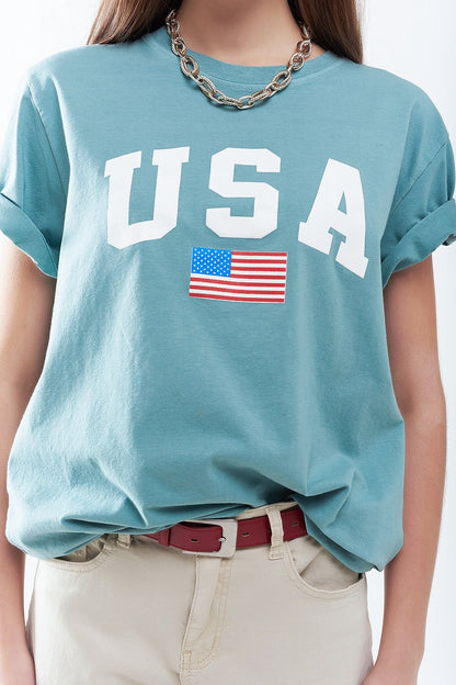 Green loose long t-shirt with USA logo Q2store
