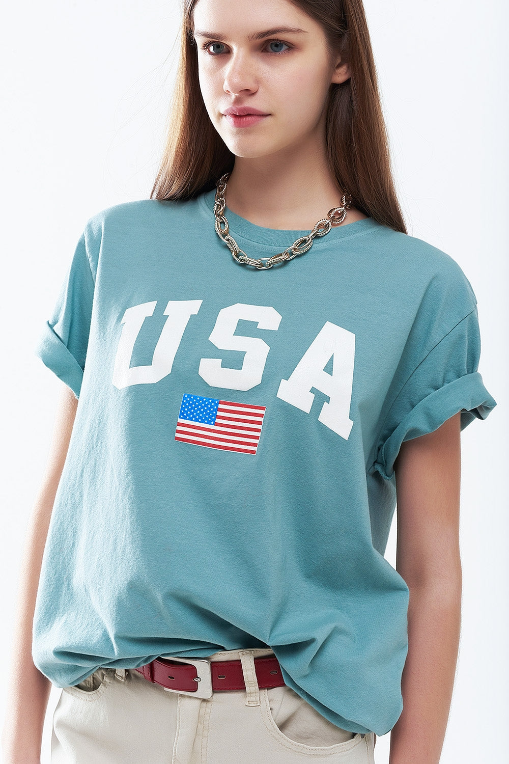Green loose long t-shirt with USA logo Q2store