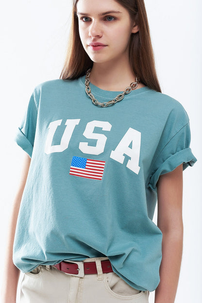 Green loose long t-shirt with USA logo Q2store