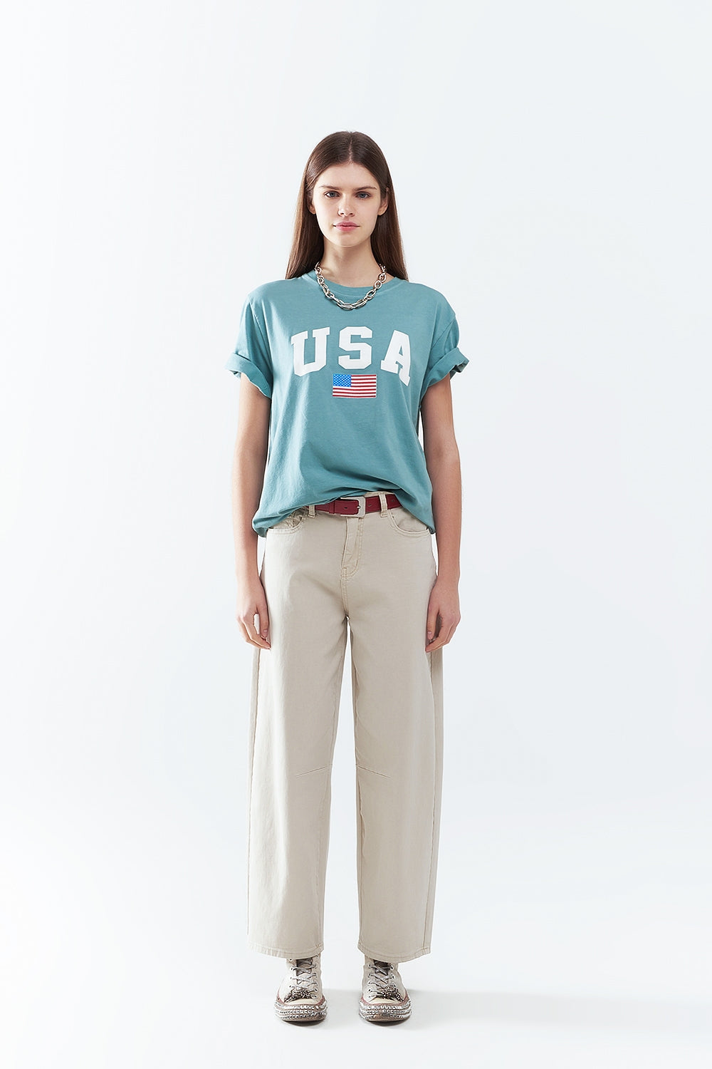 Green loose long t-shirt with USA logo Q2store
