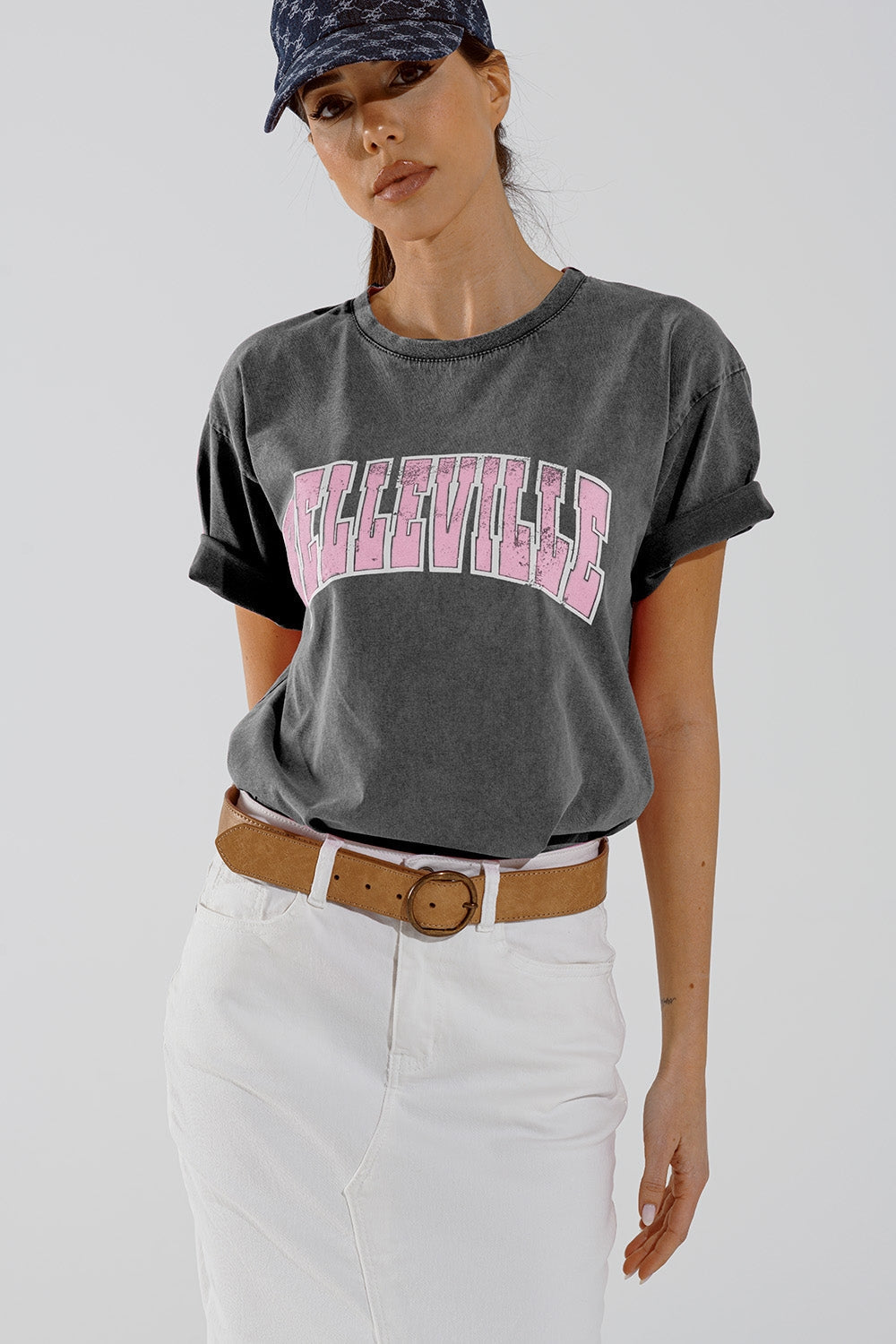 Grey Crew Neck T-shirt With Belleville text Q2store