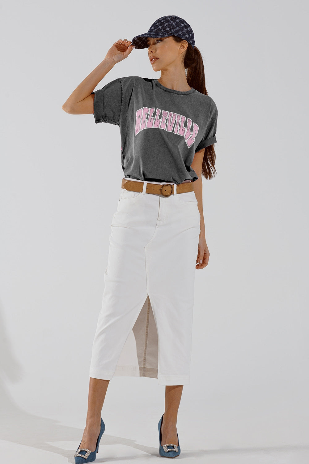 Grey Crew Neck T-shirt With Belleville text Q2store