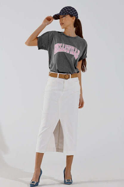 Grey Crew Neck T-shirt With Belleville text Q2store