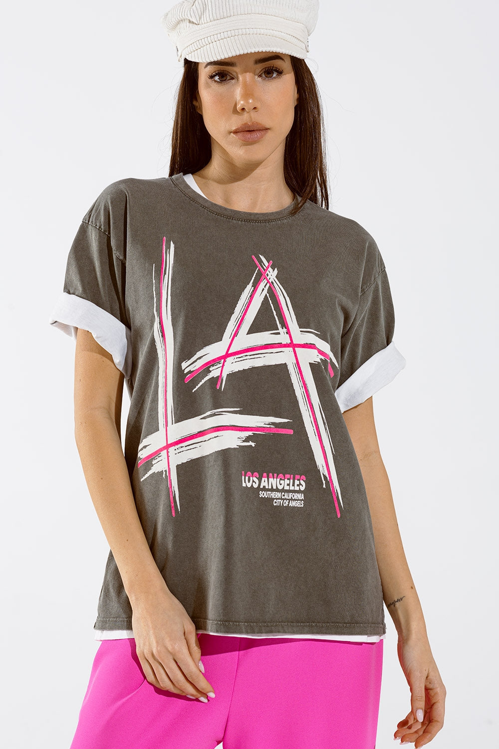 Grey oversize t-shirt Prints LA Los Angeles in pink and white Q2store