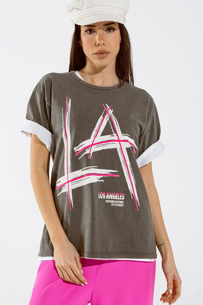 Grey oversize t-shirt Prints LA Los Angeles in pink and white Q2store