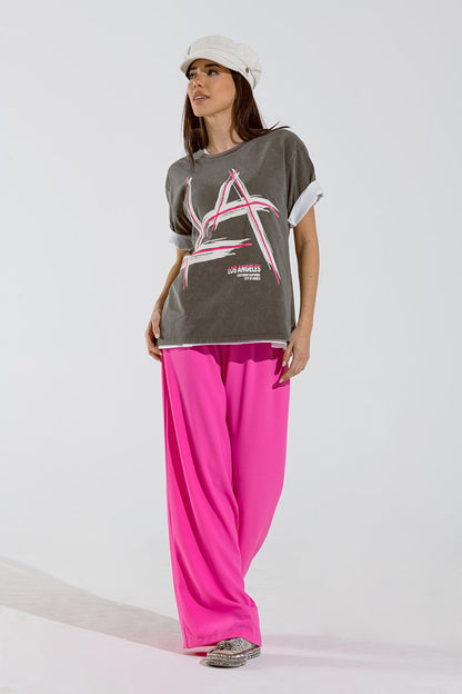 Grey oversize t-shirt Prints LA Los Angeles in pink and white Q2store