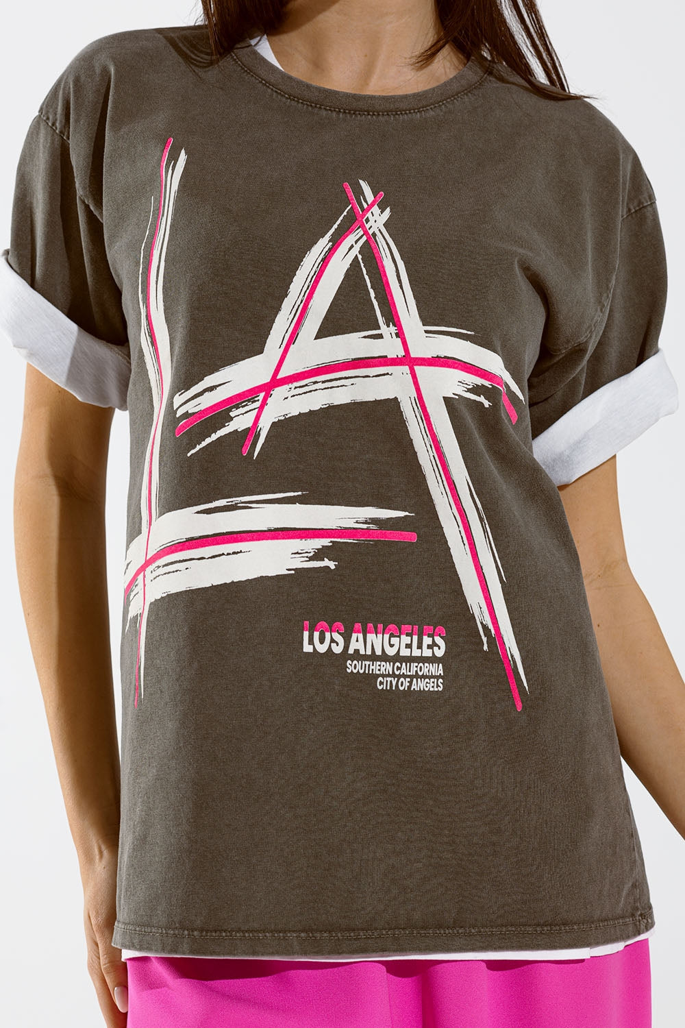 Grey oversize t-shirt Prints LA Los Angeles in pink and white Q2store