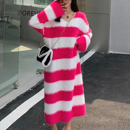 Striped Long Knitted Dress for Women