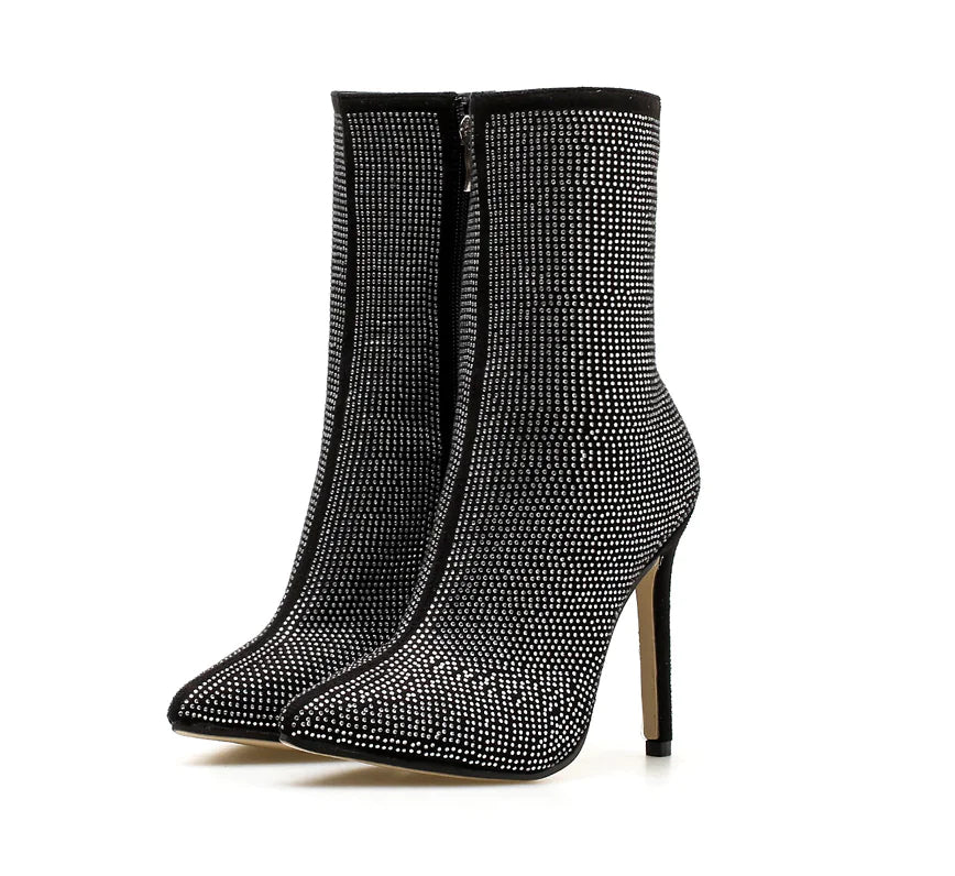 Rhinestone High Heel Boots with Pointed Toe