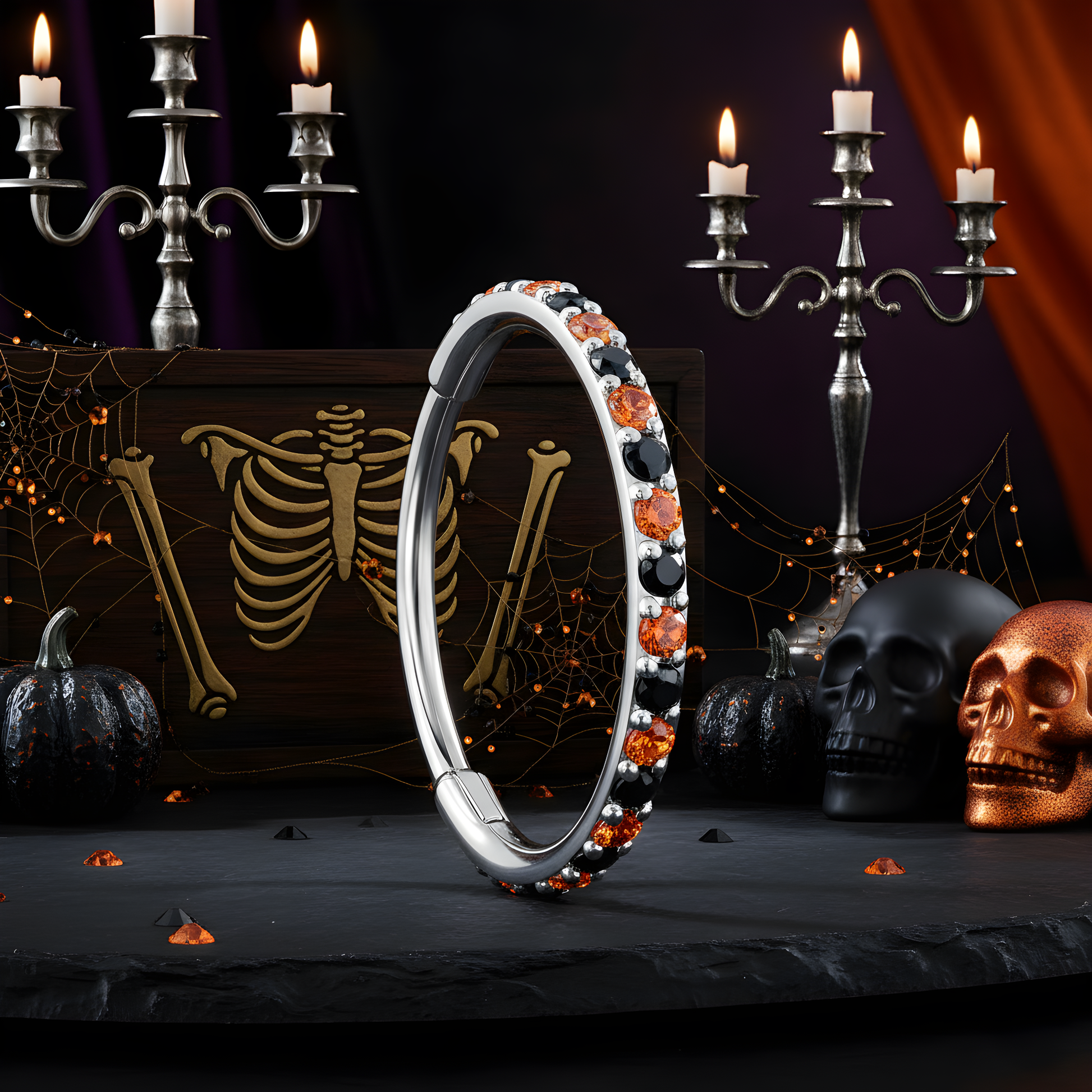 20G Micro Gem Titanium Hinged Nose Hoop - Black Orange Nose Ring BodyCandy