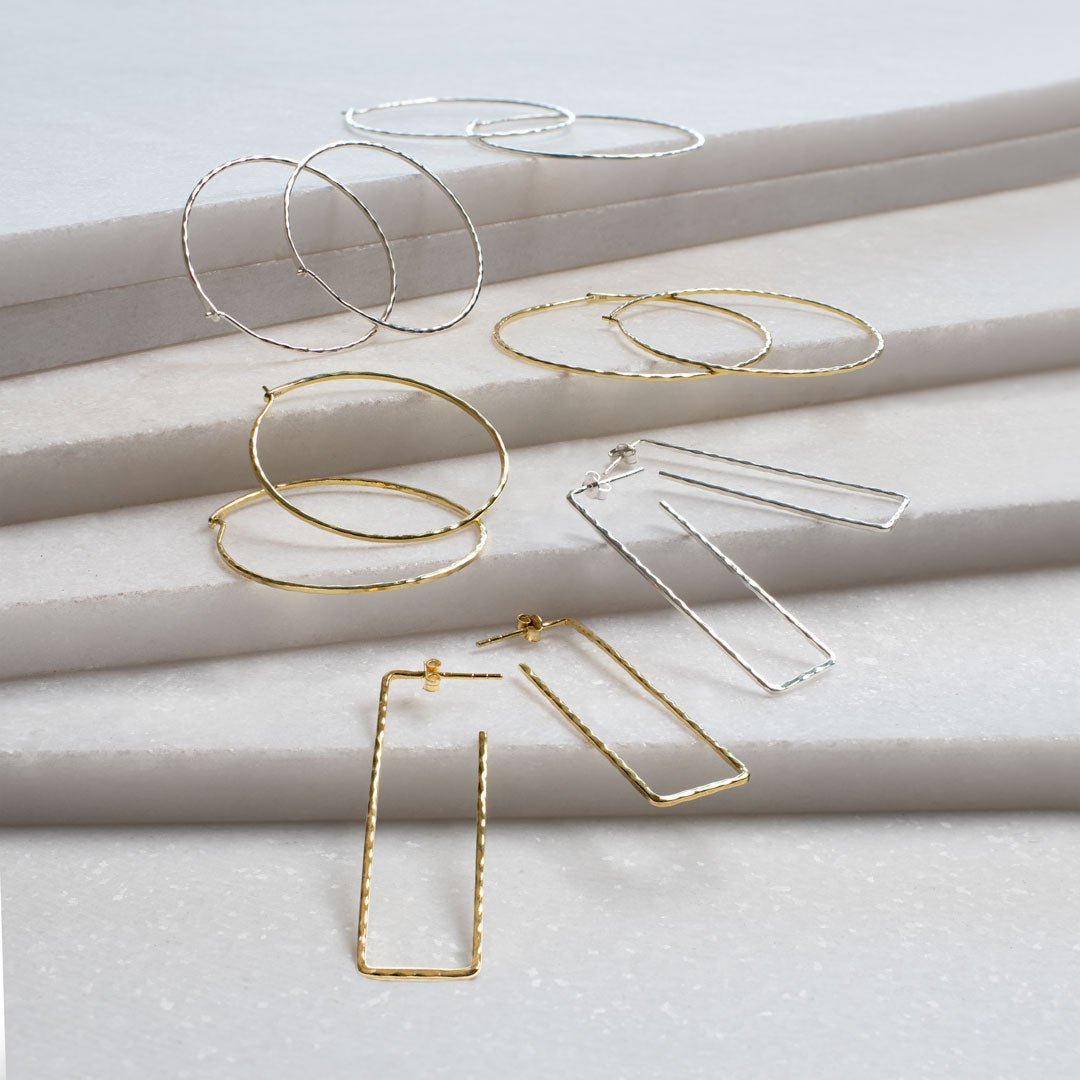 Hammered Hoops - Rectangular Shape Earrings in 14K Gold Vermeil Urban-Equestrian