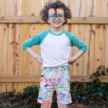 "Jungle Jam" Tropical Birds Drawstring Shorts with Pockets Princess Awesome & Boy Wonder