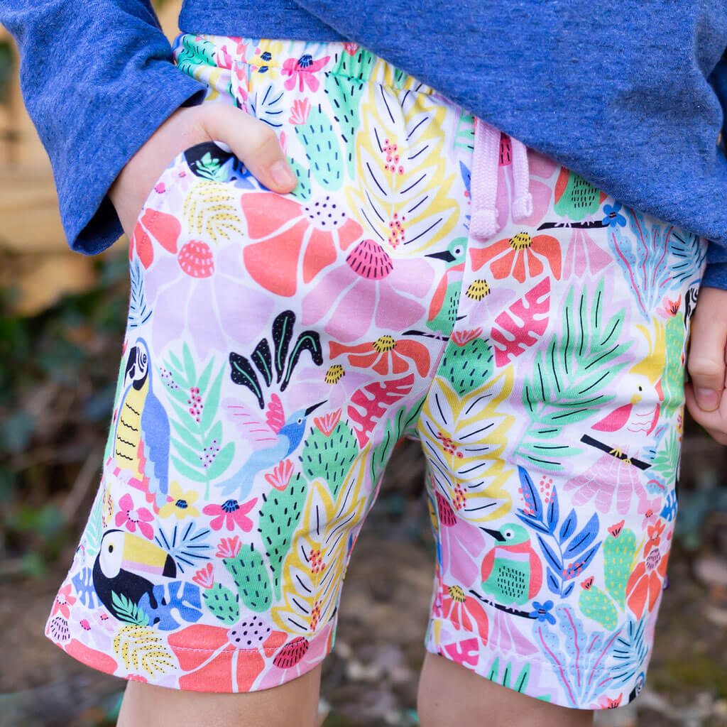 "Jungle Jam" Tropical Birds Drawstring Shorts with Pockets Princess Awesome & Boy Wonder