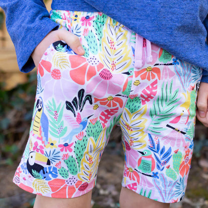 "Jungle Jam" Tropical Birds Drawstring Shorts with Pockets Princess Awesome & Boy Wonder