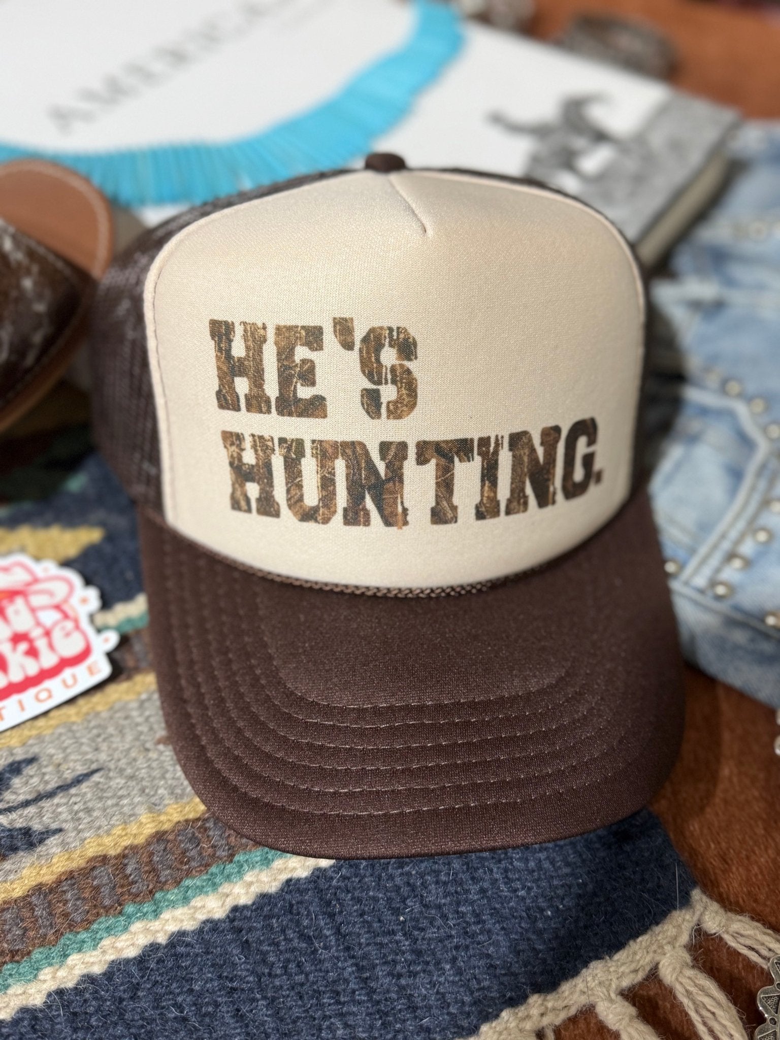 He's Hunting Trucker Hat Wild Junkie