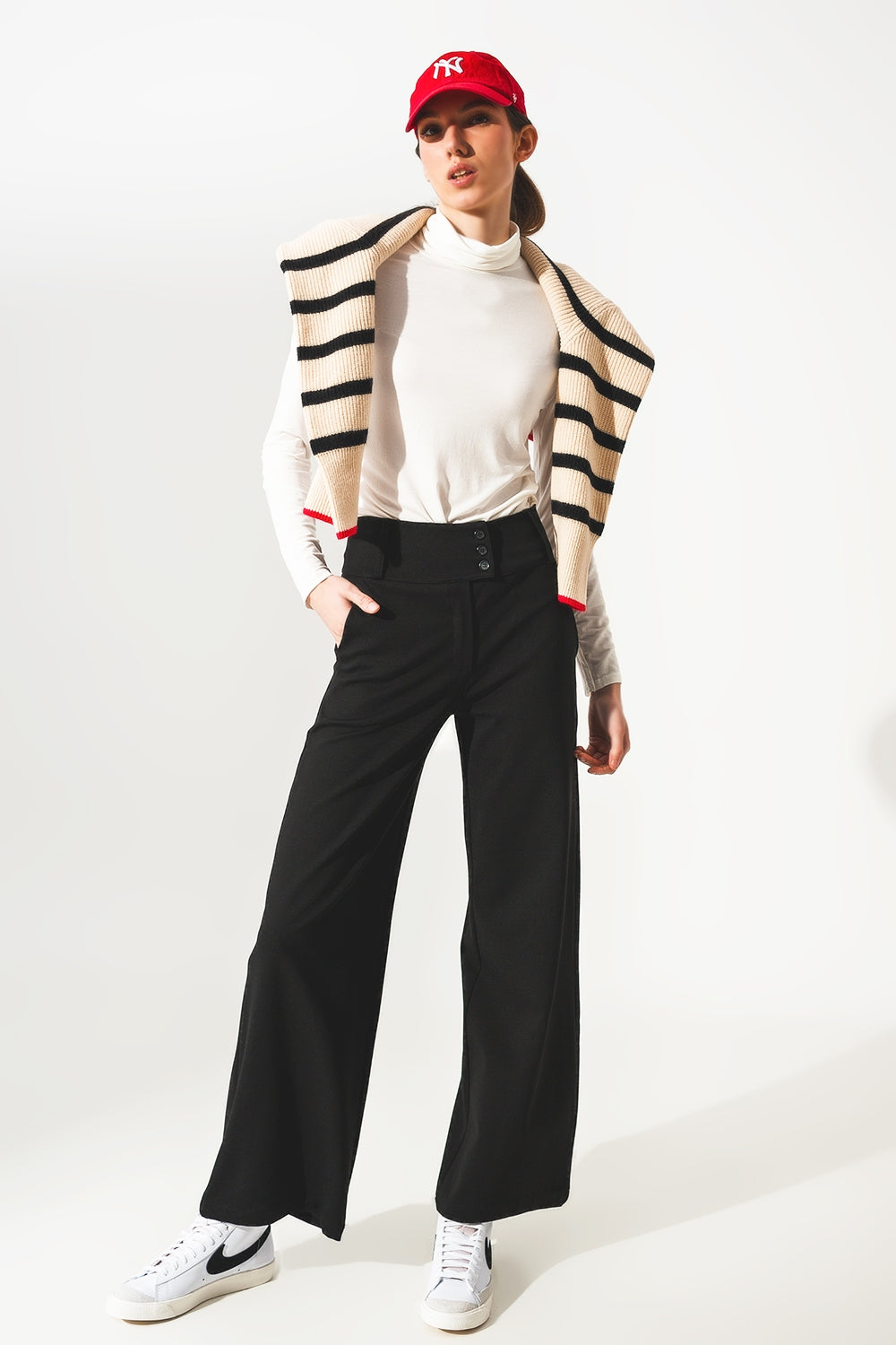 High neck long sleeve top in cream modal Q2store