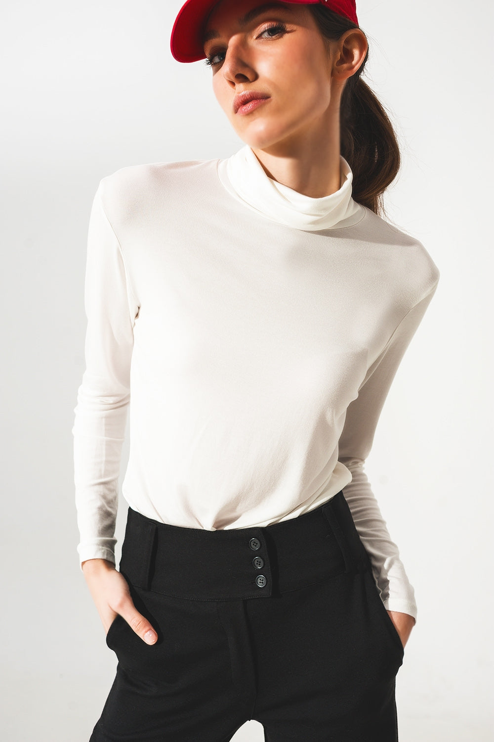 High neck long sleeve top in cream modal Q2store