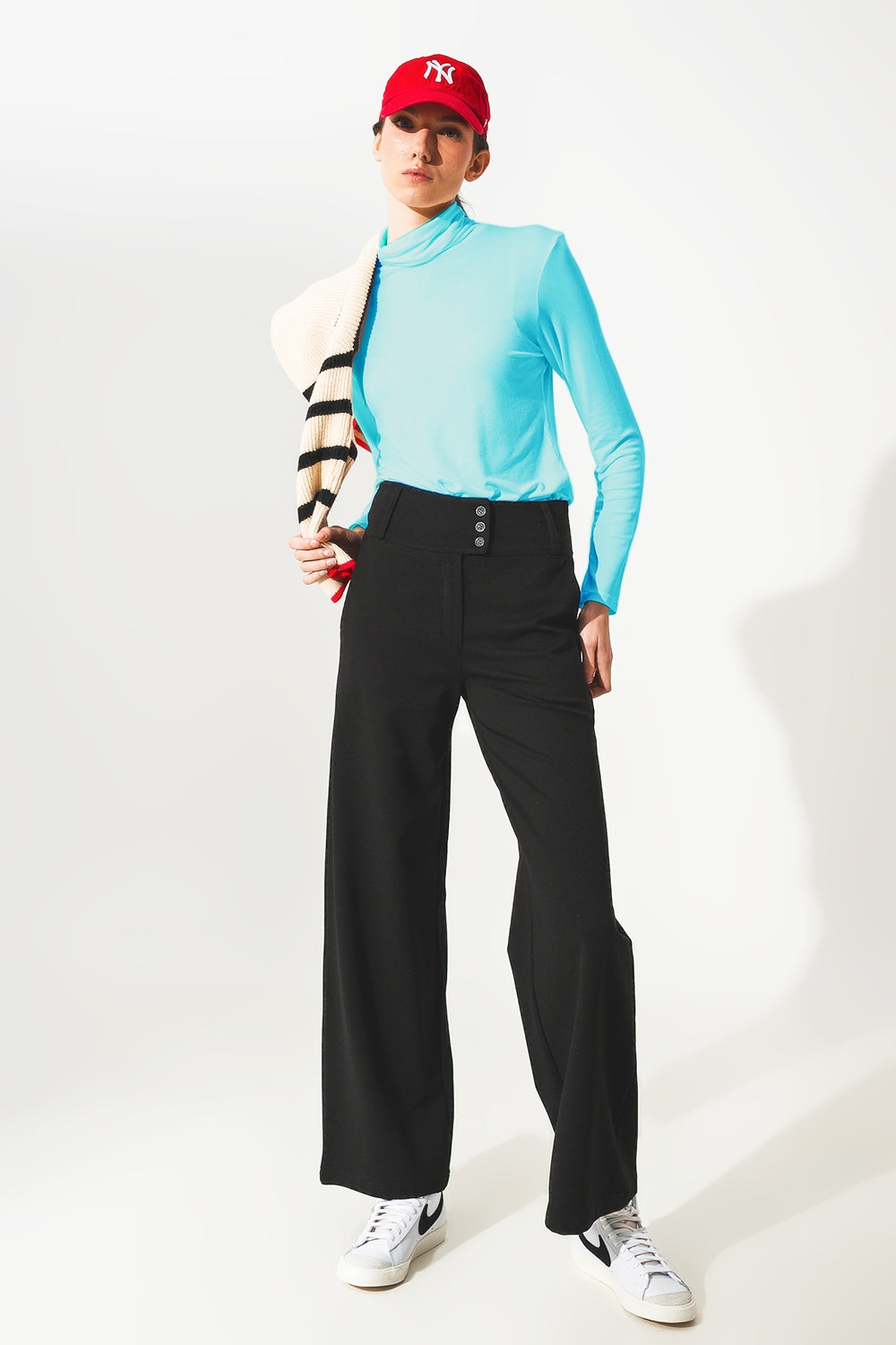 High neck long sleeve top in modal blue Q2store